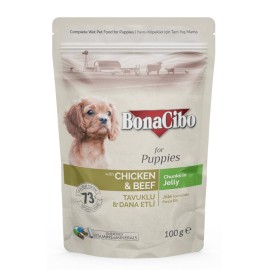 BonaCibo for Puppies Chicken&Beef, cu pui și vită în jeleu pentru căței, 85 g