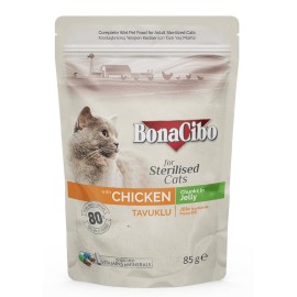 BonaCibo for Sterilised Cats with Chicken, cu pui în jeleu pentru pisici, 85 g