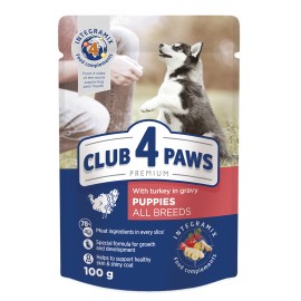 Club 4 Paws Puppies All Breeds, cu curcan în sos pentru căței, 100 g (24 bucăți)  