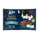 Felix Tasty Shreds, cu somon (2 bucăți) și cu ton (2 bucăți) pentru pisici, 320 g (4 bucăți)