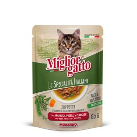 Miglior Gatto Zuppetta, cu vită, mazăre și morcovi pentru pisici, 85 g