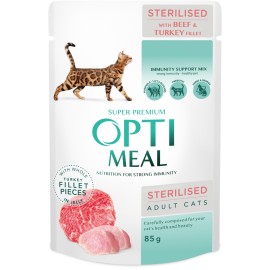 Optimeal Sterilised with Beef&Turkey, cu vită și curcan pentru pisici, 85 g