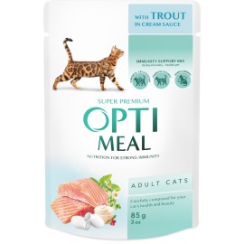 Optimeal with Trout in Cream Sauce, cu păstrăv în sos de cremă pentru pisici, 85 g (12 bucăți) 