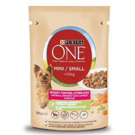 Purina One Mini Small Sterilised, cu curcan, morcovi și mazăre în sos pentru câini, 100 g