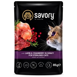 Savory Lamb&Cranberry Sterilised, cu miel și merișoare în sos pentru pisici, 85 g
