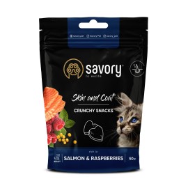 Savory Crunchy Snacks Skin and Coat, recompense cu somon și zmeură pentru pisici, 50 g