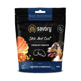Savory Crunchy Snacks Skin and Coat, recompense cu somon și gălbenele pentru câini, 200 g