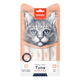 Wanpy Creamy Treat Tuna&Salmon, recompense cu ton și somon pentru pisici, 70 g (5 bucăți)