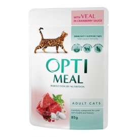 Optimeal with Veal in Cranberry Sauce, cu vițel în sos de merișoare pentru pisici, 85 g 