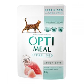 Optimeal Sterilised with Turckey&Chicken, cu curcan și pui în sos pentru pisici, 85 g